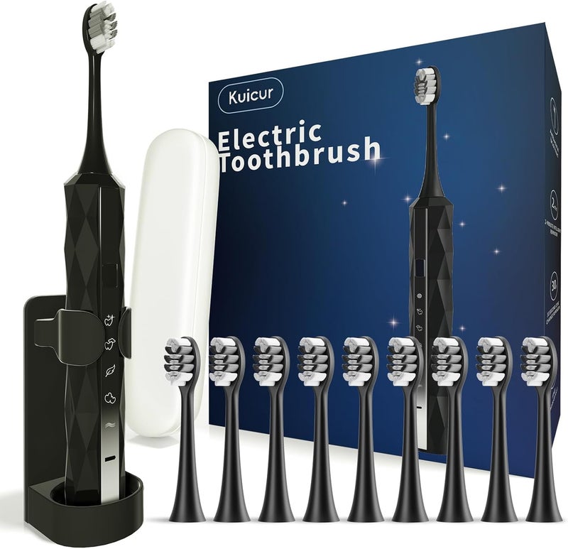 Kuicur Diamond Style - Sonic Electric Toothbrush for Adults and Kids, Comes with 10 Brush Heads & Travel Case, 5 Modes with 2 Minutes Built in Smart Timer, One Charge for 90 Days, 42,000 VPM Motor (Black) - Image 1